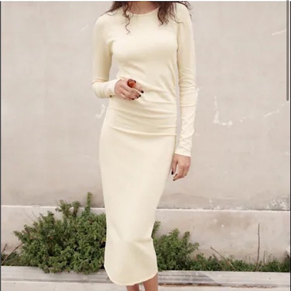 Zara Long-Sleeve Draped Knit Bodycon Midi Knee Length Dress, Cream, Size S - Picture 2 of 14